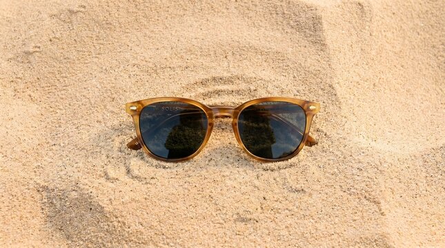 Stylish tortoise shell sunglasses resting on a warm sandy beach, perfect for summer holidays