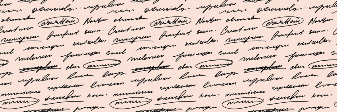 Vintage cursive illegible text seamless pattern on beige page background. Handwriting unreadable text with strike through and outline words. Retro seamless poetry pattern.
