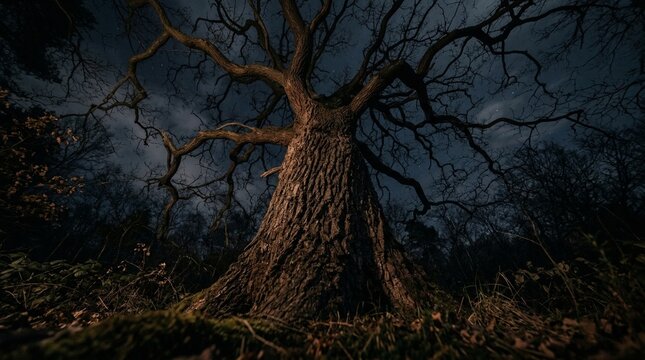 Cinematic low angle abstract framing of ancient tree roots forming a natural circular portal revealing a starry night sky, dramatic lighting, fine art photography