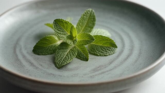 Close-up vibrant mint leaves on gray ceramic plate with natural composition emphasizing fresh plant surface character