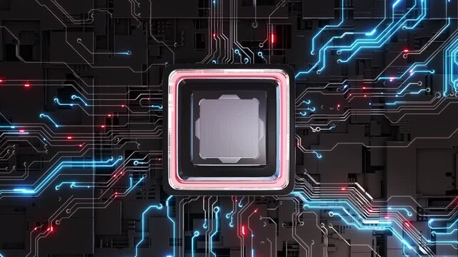 Blue chip computer hardware in technology futuristics Abstract futuristic Digital technology AI computer chip with pulsing light and energy along its wiring blue background computer motherboard