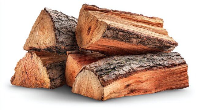 Stack of freshly cut, split firewood logs is isolated against a white background