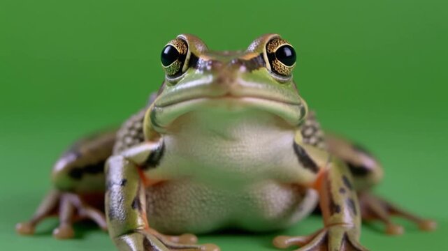 Close-up view of a frog resting against vibrant green background highlighting natural amphibian surface pattern and organic color variation