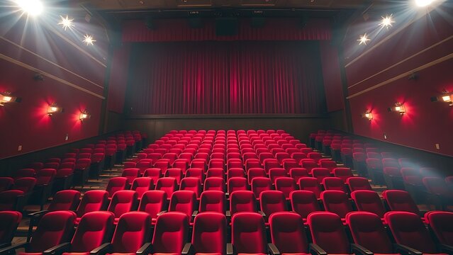 proscenium. Empty theater with rows of red velvet chairs under dramatic stage lighting atmosphere. real-estate listings.
