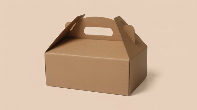 Brown cardboard gable box with handle for food packaging on beige background