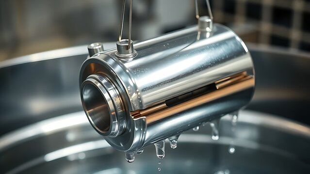 electroplating. A metal component lifted from an electroplating bath, its surface gleaming with fresh chrome. safety posters.