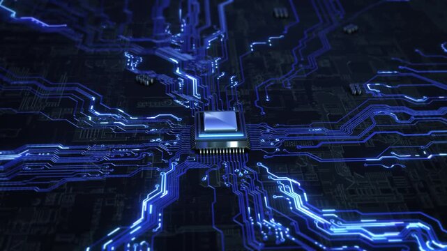 Futuristic Motherboard Processor circuits electronics Translucent Processor Connecting Socket Motherboard. Next Generation Microchip Activating Powering System. High Performance GPU Chip in Blue Light