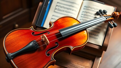Naklejka premium courante. An ornate Baroque violin resting on a wooden music stand. lifestyle magazines, social media lookbooks, designed for lifestyle magazines and social media content, strengthens branding.
