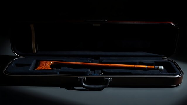 pernambuco. A single pernambuco wood violin bow resting in an open velvet-lined case with soft focus and dramatic lighting. tutorial guides.