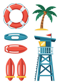 Lifeguard Rescue Equipment and Beach Safety Vector Illustration Set featuring Lifeguard Tower, Lifebuoy, Palm Tree, and Rescue Floats