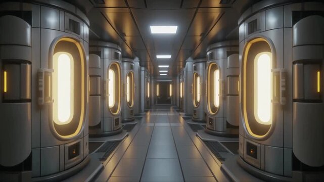 Interior view of advanced futuristic passage lined with cylindrical chambers and warm ambient glow conveying high technology atmosphere
