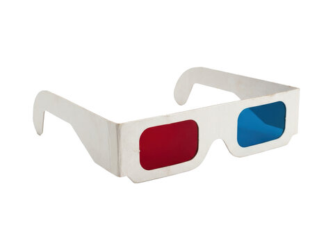 A pair of white 3d glasses with red and blue lenses on a plain white background