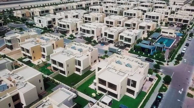 Drone pulling back from house revealing large residential area in Dubai
