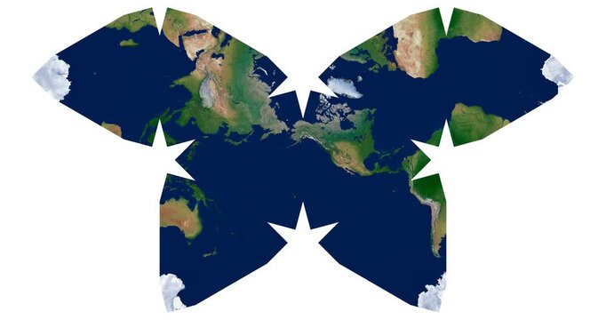 World Map. Waterman butterfly projection. Animated longitude rotation. High detail physical map.