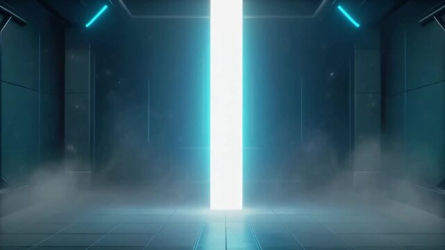 Abstract futuristic interior with radiant vertical beacon emerging through haze, minimalist structural forms and refined spatial composition