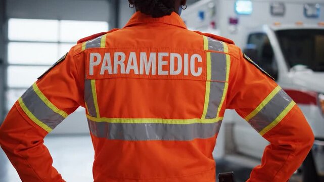 Female Paramedic In Orange Uniform Standing In Ambulance Bay