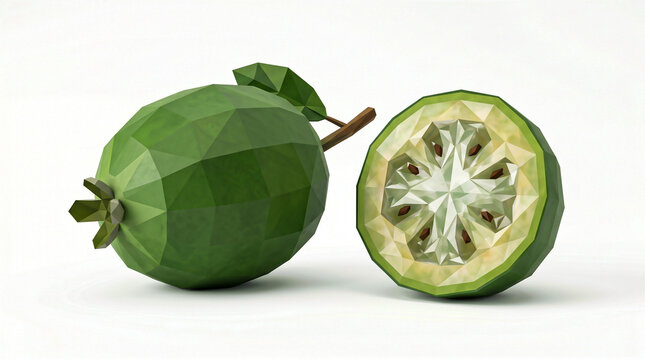 Low Poly Feijoa Fruit with Slice and Leaves Geometric Design