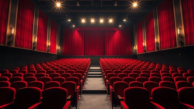 proscenium. Empty theater with rows of red velvet chairs under dramatic stage lighting atmosphere. real-estate listings.
