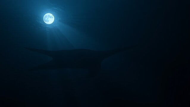 plesiosaur. A plesiosaur silhouette emerging from deep ocean shadows under moonlight. wildlife magazines, conservation campaigns, designed for wildlife conservation campaigns.