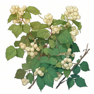 Detailed botanical illustration of a white raspberry bush with berries.