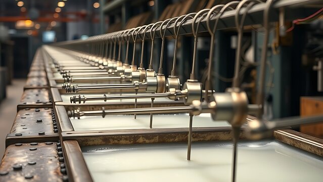 electroplating. Electroplating workshop with cathode rods moving over chemical baths. safety posters, maintenance manuals, designed for industrial assembly lines and welding operations.