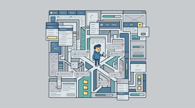 Business professional navigating complex digital labyrinth interface.