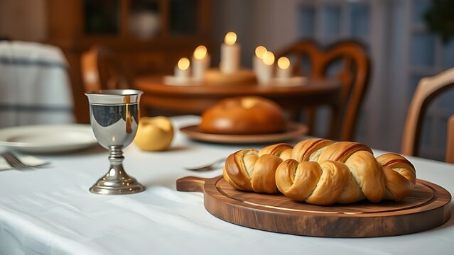 kiddush. A Shabbat table set with a white linen cloth, silver cup, and braided challah bread, warm ambient light. event programs.