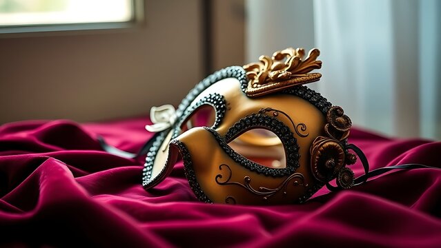 amrit. Ornate Venetian mask resting on dark velvet fabric, soft light highlighting its decorative details. event programs, museum guides, designed for cultural heritage projects and event programs.