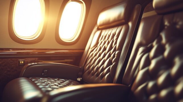 Interior of a private jet with leather seats and sunlight streaming through the window. generative ai