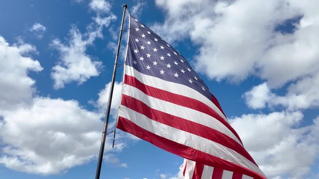 American Flag Flying in Wind with Subtle Camera Orbit and Clouds