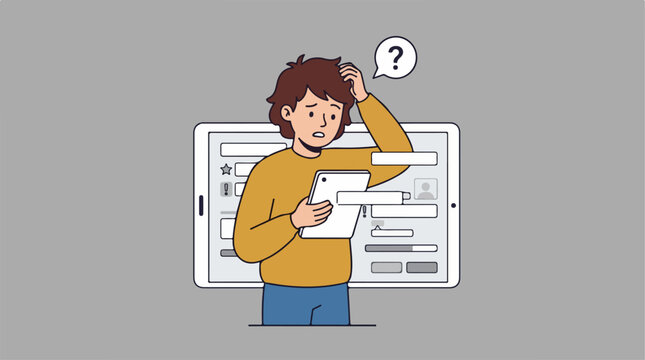 Confused young man looking at tablet screen with digital interface.