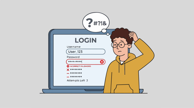 Confused young man struggling with laptop login and forgotten password.