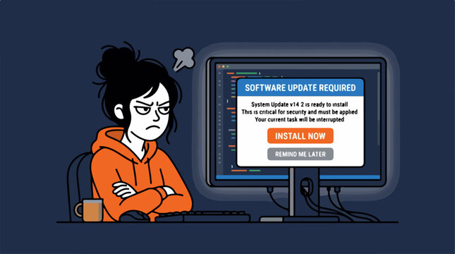 Frustrated developer annoyed by mandatory software update pop up on computer screen.