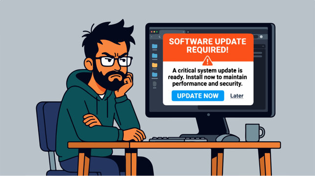 Frustrated developer looking at a mandatory software update notification on computer screen.