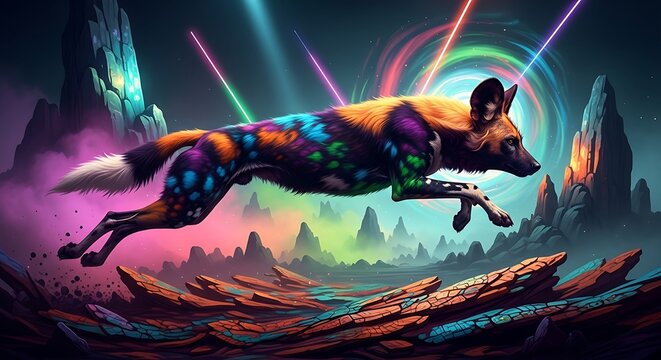 Vibrant dog runs through neon landscape.