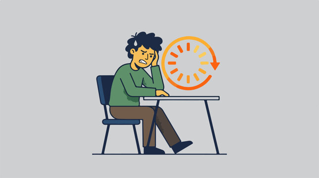 Frustrated student sitting at desk with loading icon.