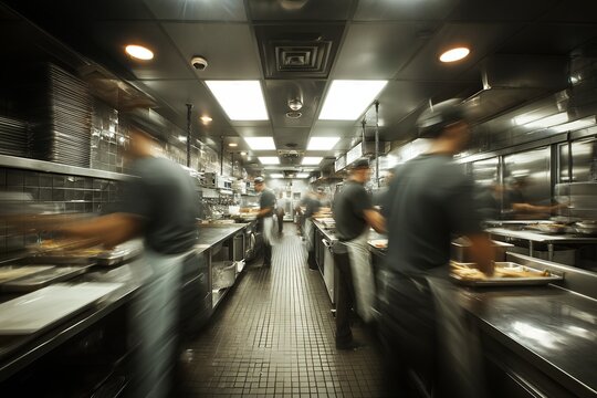 Professional executive chefs and line cooks working in a fast-paced commercial kitchen with motion blur, concept for restaurant management, culinary industry and hospitality workflow