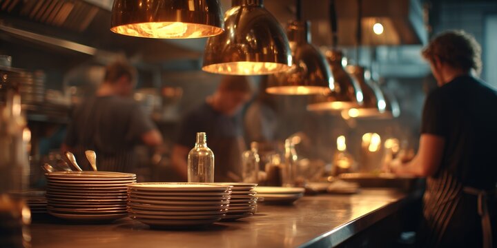 Stacked plates on a counter with executive chefs working in a professional kitchen under warm lights, concept for restaurant management, hospitality industry and catering business promotion