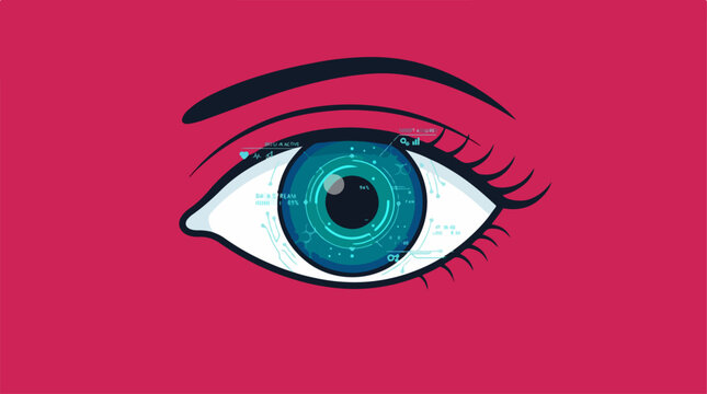 Futuristic digital eye icon on a vibrant pink background.