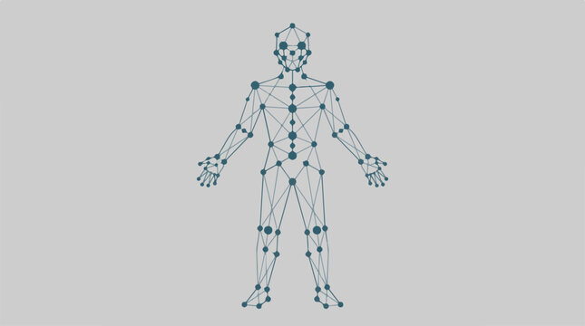 Human motion capture wireframe model on gray background.