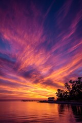 Fototapeta premium Breathtaking sunset with dramatic purple and orange cirrus clouds reflected on calm lake water with a wooden pier silhouette, concept for nature background, travel destination and wall art decor