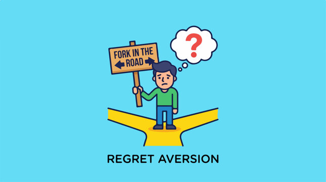 Illustration of regret aversion concept with man at fork in the road.