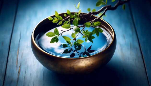 A reflection of a tree in a still water bowl, Ai generated image