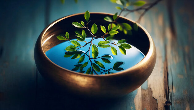 A reflection of a tree in a still water bowl, Ai generated image