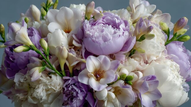 Lush Bouquet of White and Lavender Peonies With Freesias Close Up