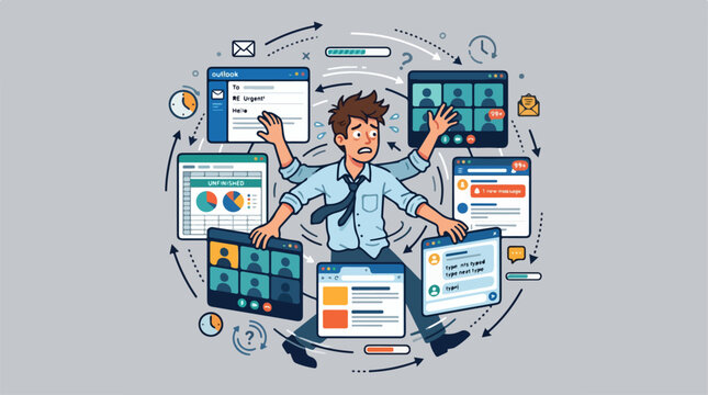 Overwhelmed employee multitasking with digital screens and video conferencing.
