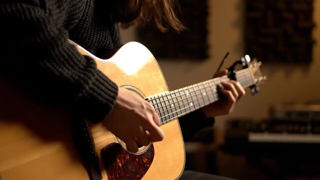 Close-Up of a Musician Playing Acoustic Guitar in Cozy Indoor Setting with Warm Lighting