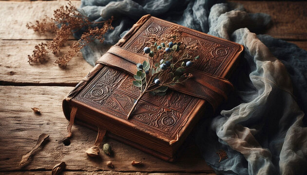 A closed antique book with a dried myrtle branch bookmark, Ai generated image