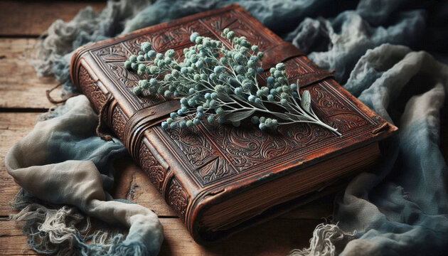 A closed antique book with a dried myrtle branch bookmark, Ai generated image