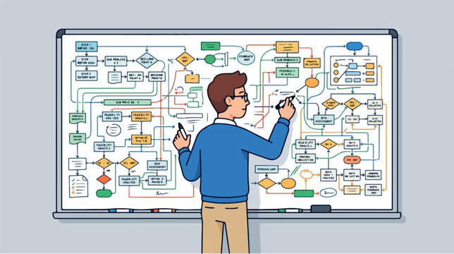 Professional man brainstorming complex flowcharts on a whiteboard.